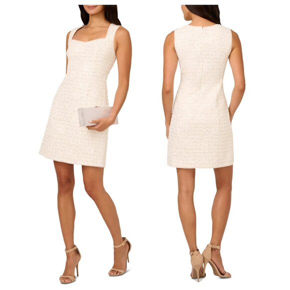Adrianna Papell Sweetheart Sequin Tweed Sheath Dress Ivory - Picture 1 of 4